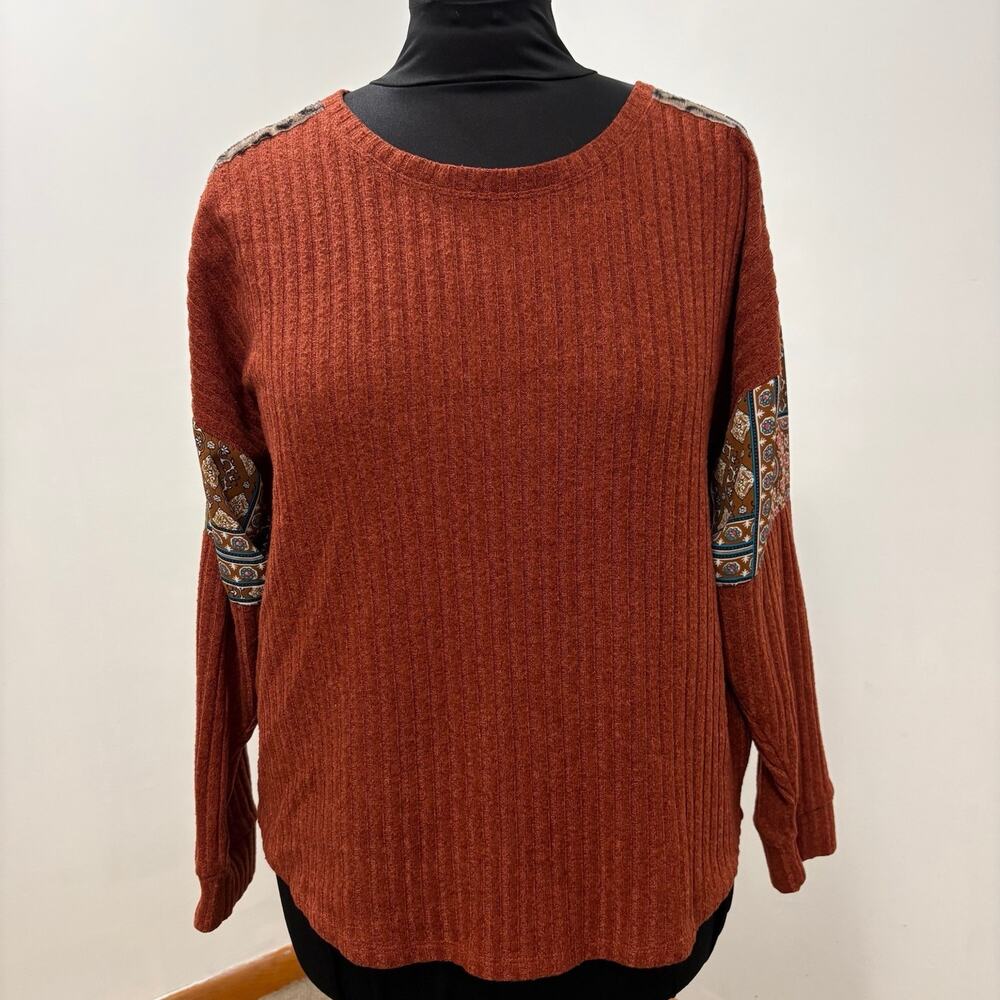 Maurices Womens 1X Rust Ribbed Paisley Boho Long Sleeve Top Cutout Fall